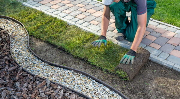 Landscaper rolling turf showing how to dispose of landscape waste